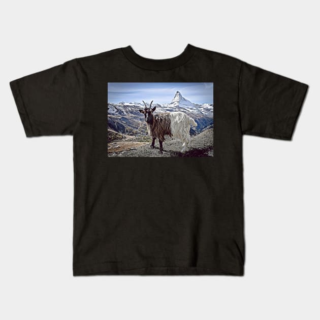 Matterhorn and Goat, Zermatt, Switzerland, Kids T-Shirt by BokeeLee